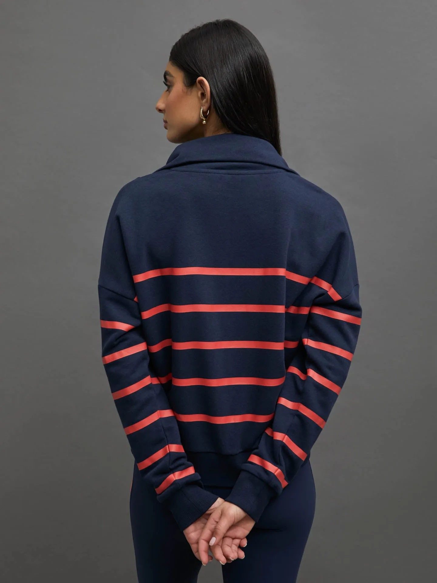 BRETON STRIPE FRENCH TERRY 1/2 ZIP -  NAVY/ CAYENNE