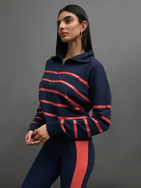 BRETON STRIPE FRENCH TERRY 1/2 ZIP -  NAVY/ CAYENNE