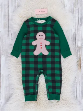 Green Buffalo Plaid Embroidered Gingerbread Romper