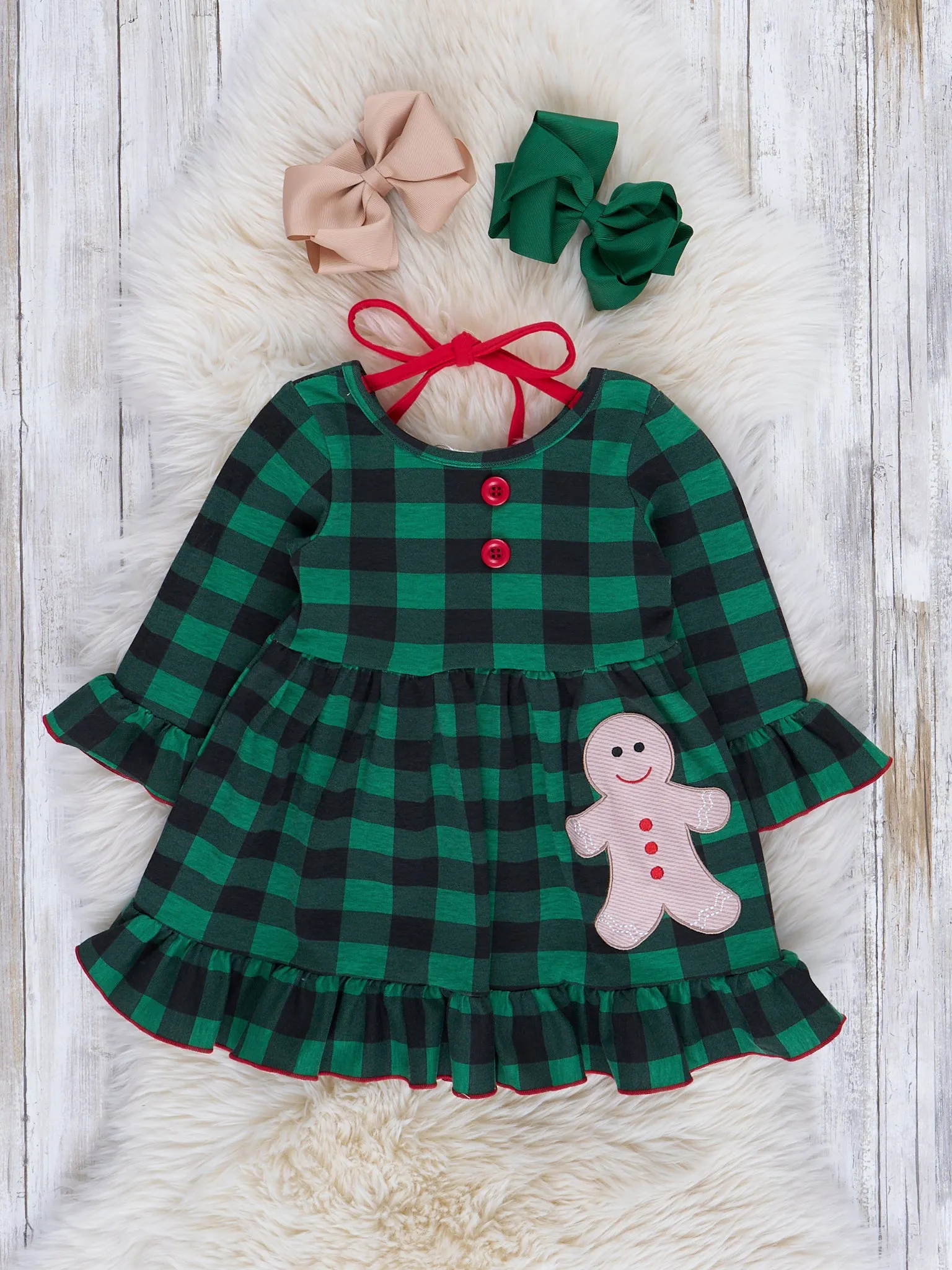 Green Buffalo Plaid Embroidered Gingerbread Ruffle Dress