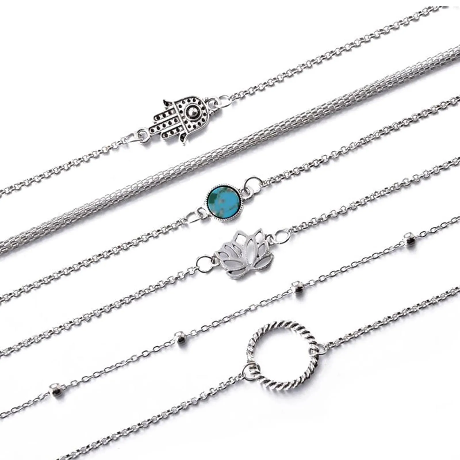 Hamsa Set Of 6 Silver Bracelets