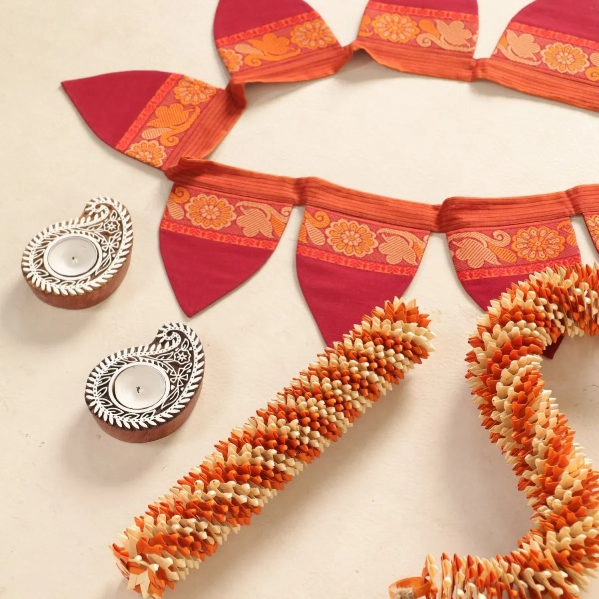 Handmade Cotton Fabric Toran, Engraved Diyas (2 pcs) with Off-white & orange festive door hangings (2pcs) Combo Set | Festive Decor Item | Handmade in India