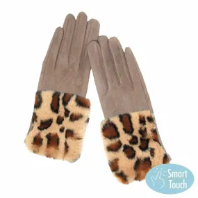 Leopard Pattern Faux Fur Cuff Faux Suede Smart Gloves