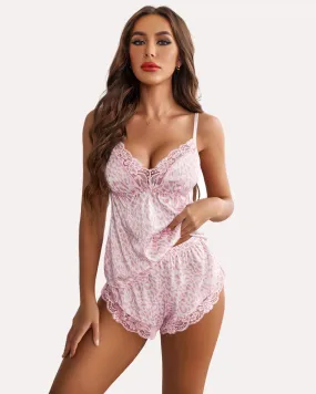 Leopard Print Lace Satin Pajamas Set