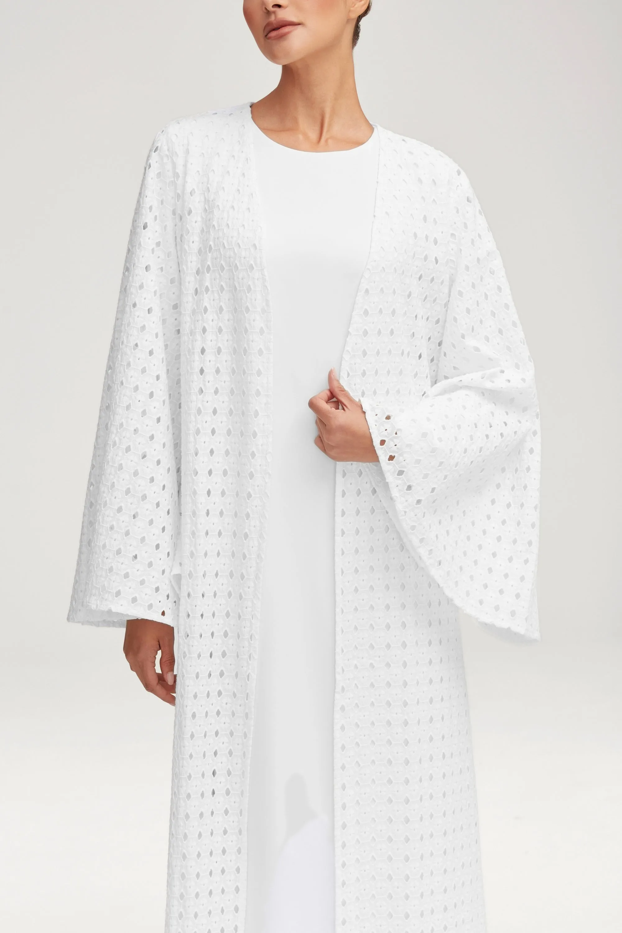 Nabila White Eyelet Open Abaya