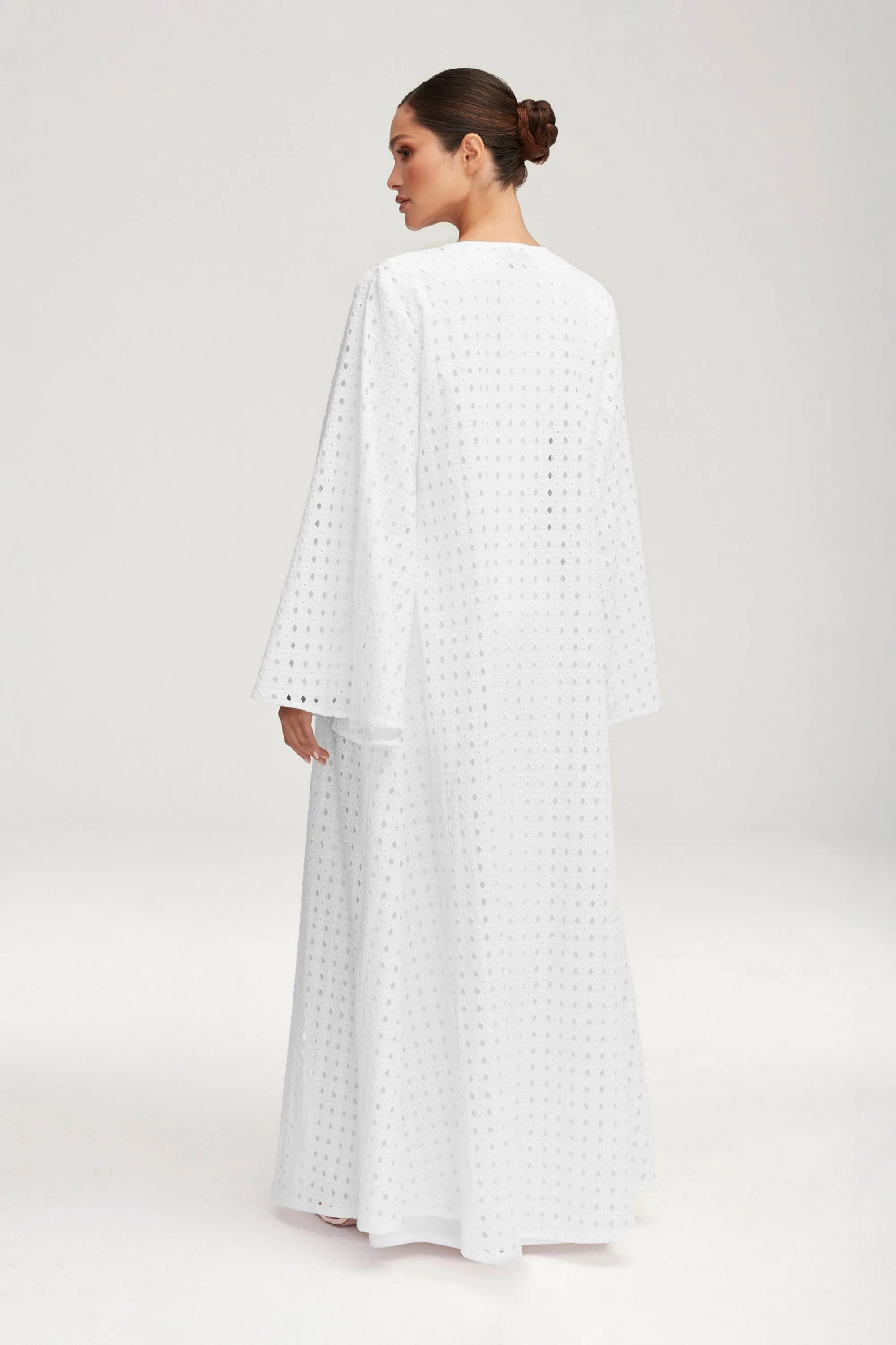 Nabila White Eyelet Open Abaya