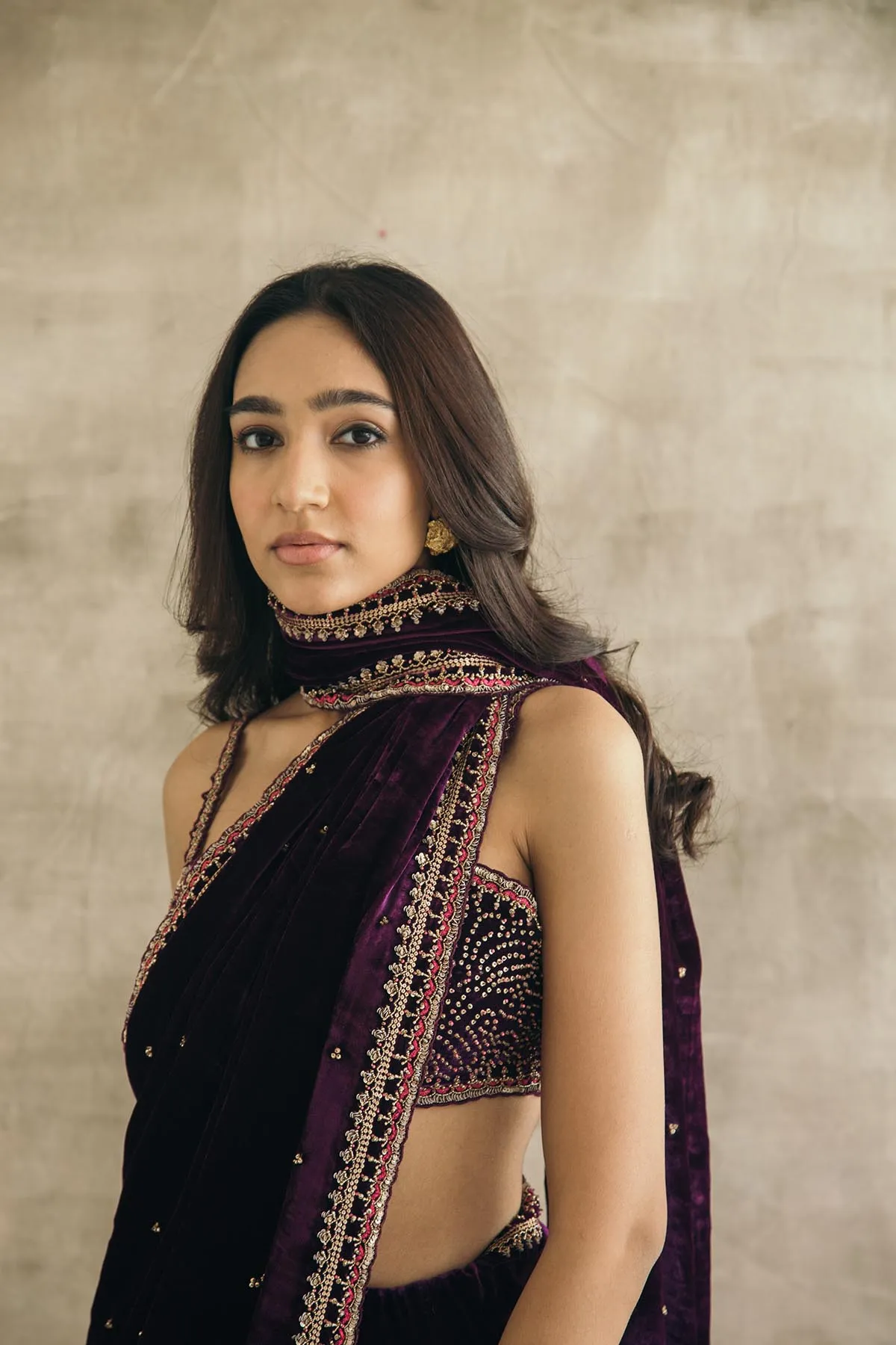 Plum Silk Velvet Retro Sari