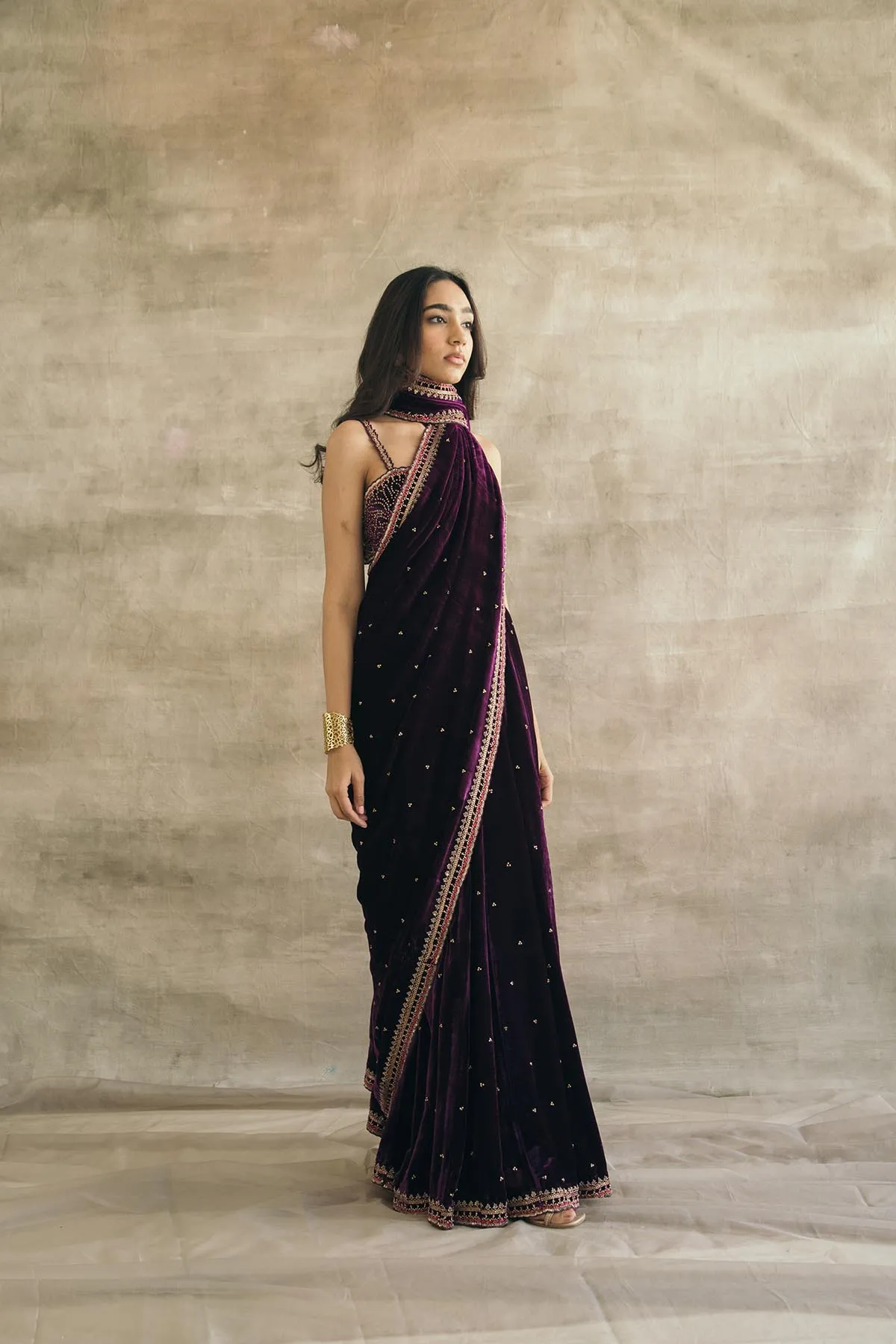 Plum Silk Velvet Retro Sari