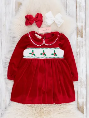 Red Smocked Holly Velvet Dress