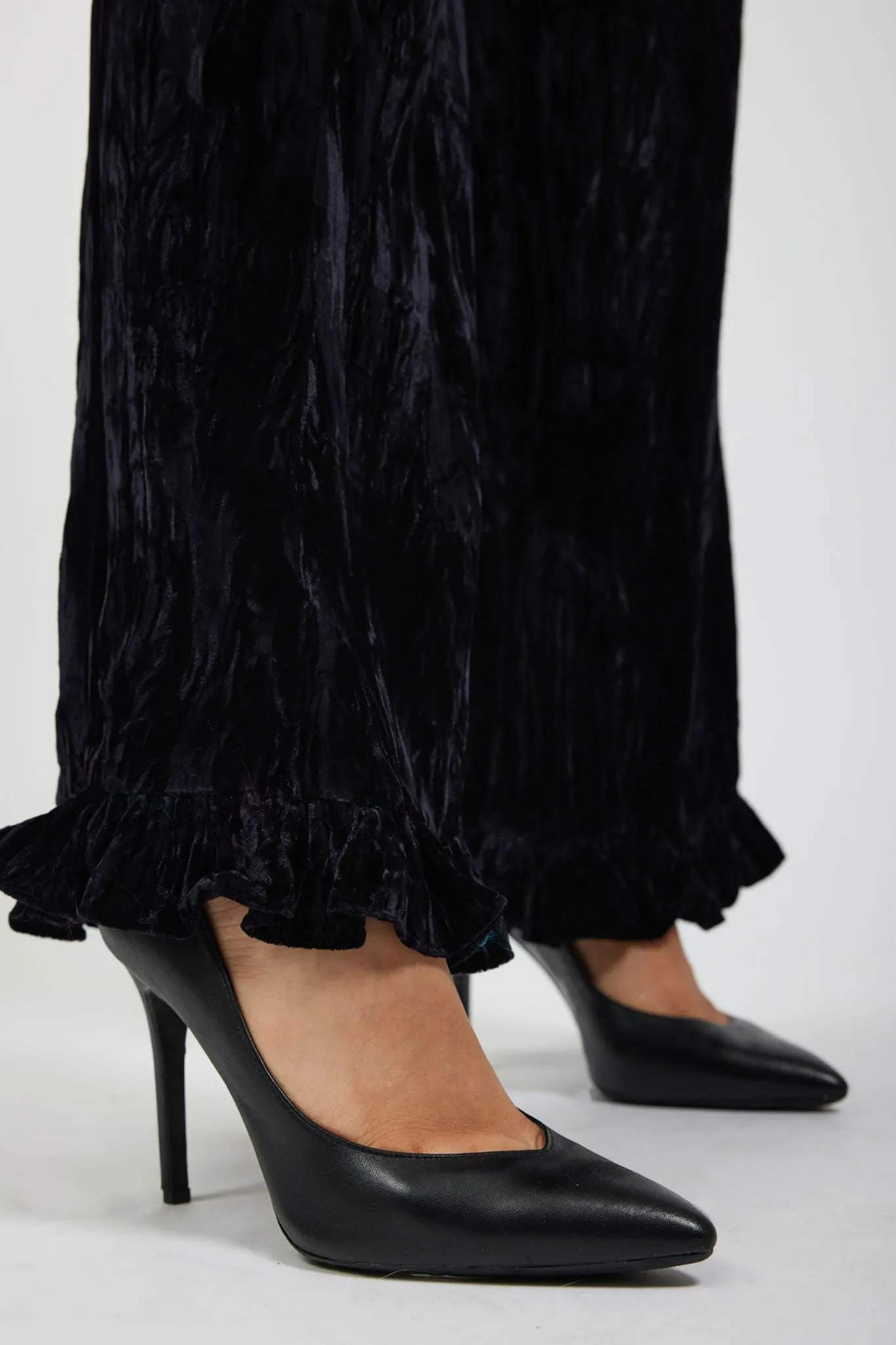 Ruffle Pant in Black Crushed Velvet