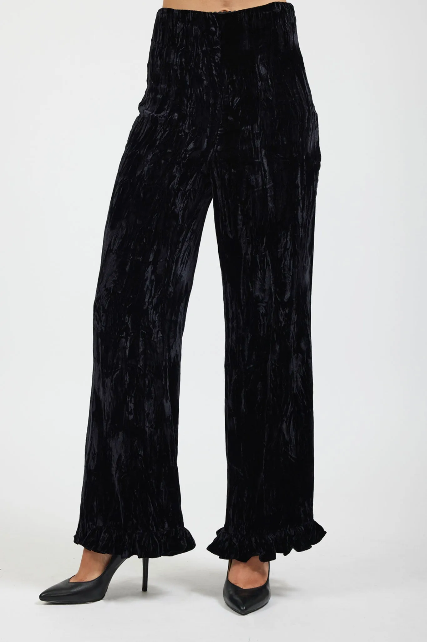 Ruffle Pant in Black Crushed Velvet