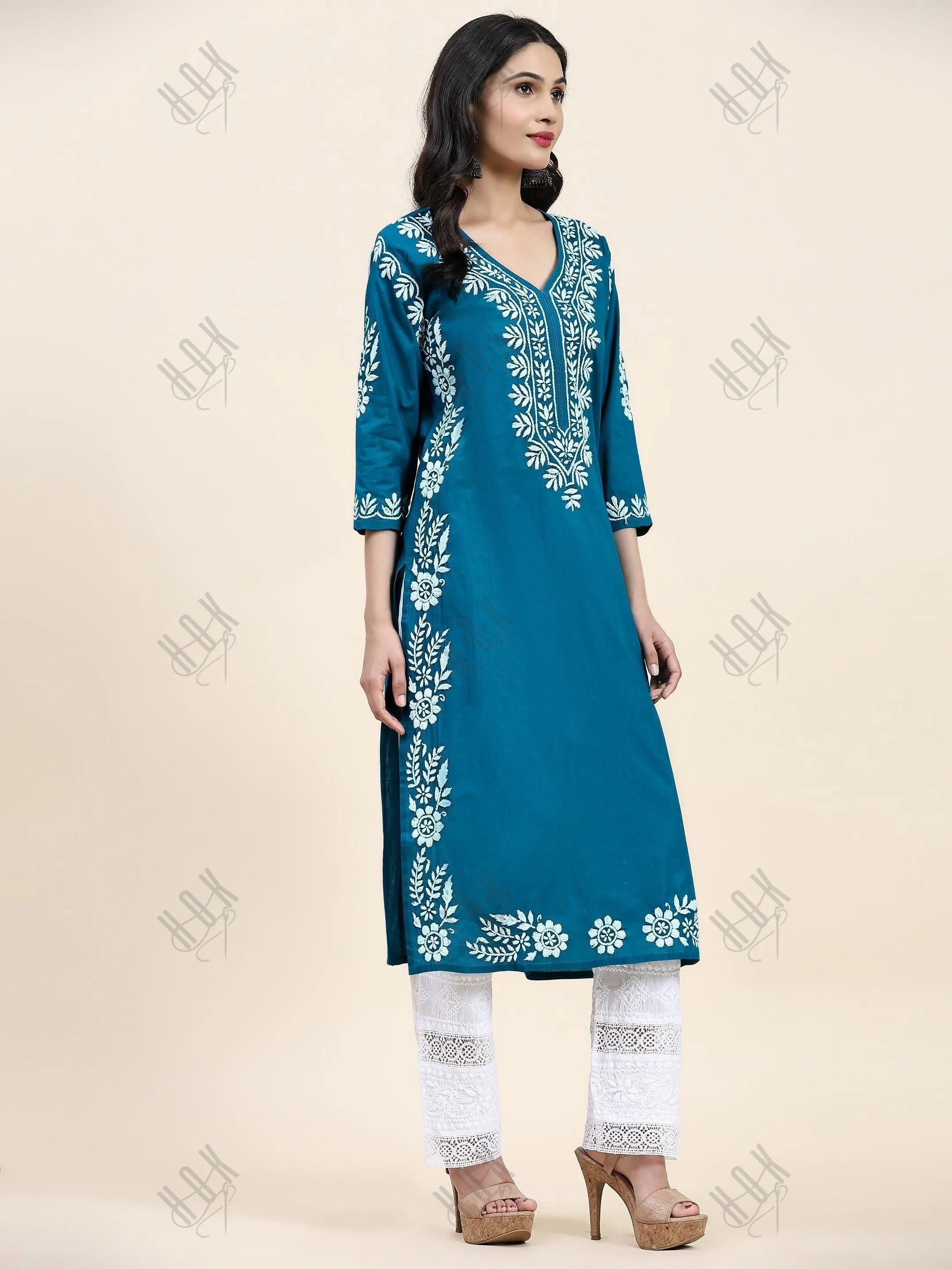 Sukriti in Charming Chikankari Long Cotton Kurta for Women - Turquoise Blue