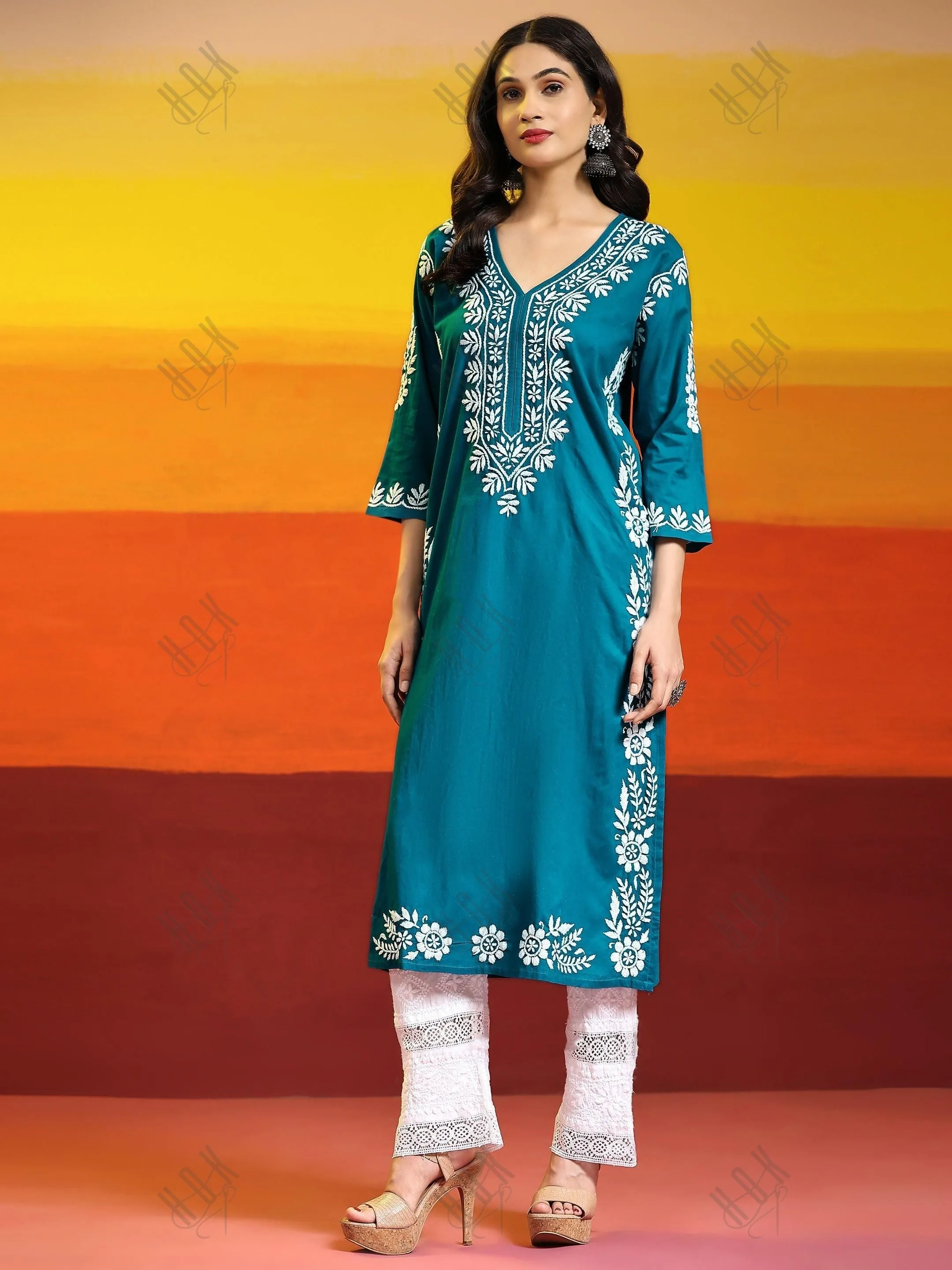 Sukriti in Charming Chikankari Long Cotton Kurta for Women - Turquoise Blue