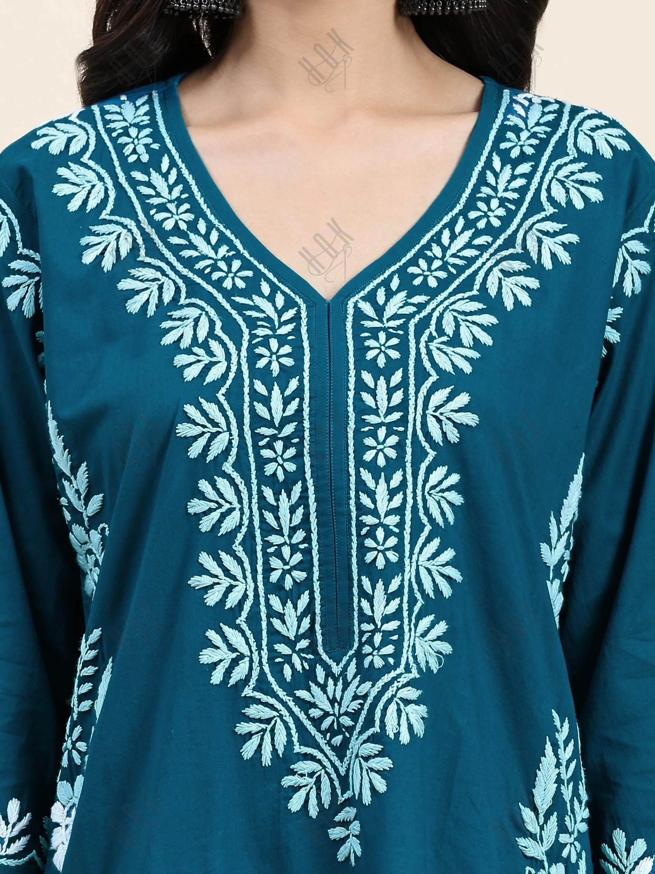 Sukriti in Charming Chikankari Long Cotton Kurta for Women - Turquoise Blue