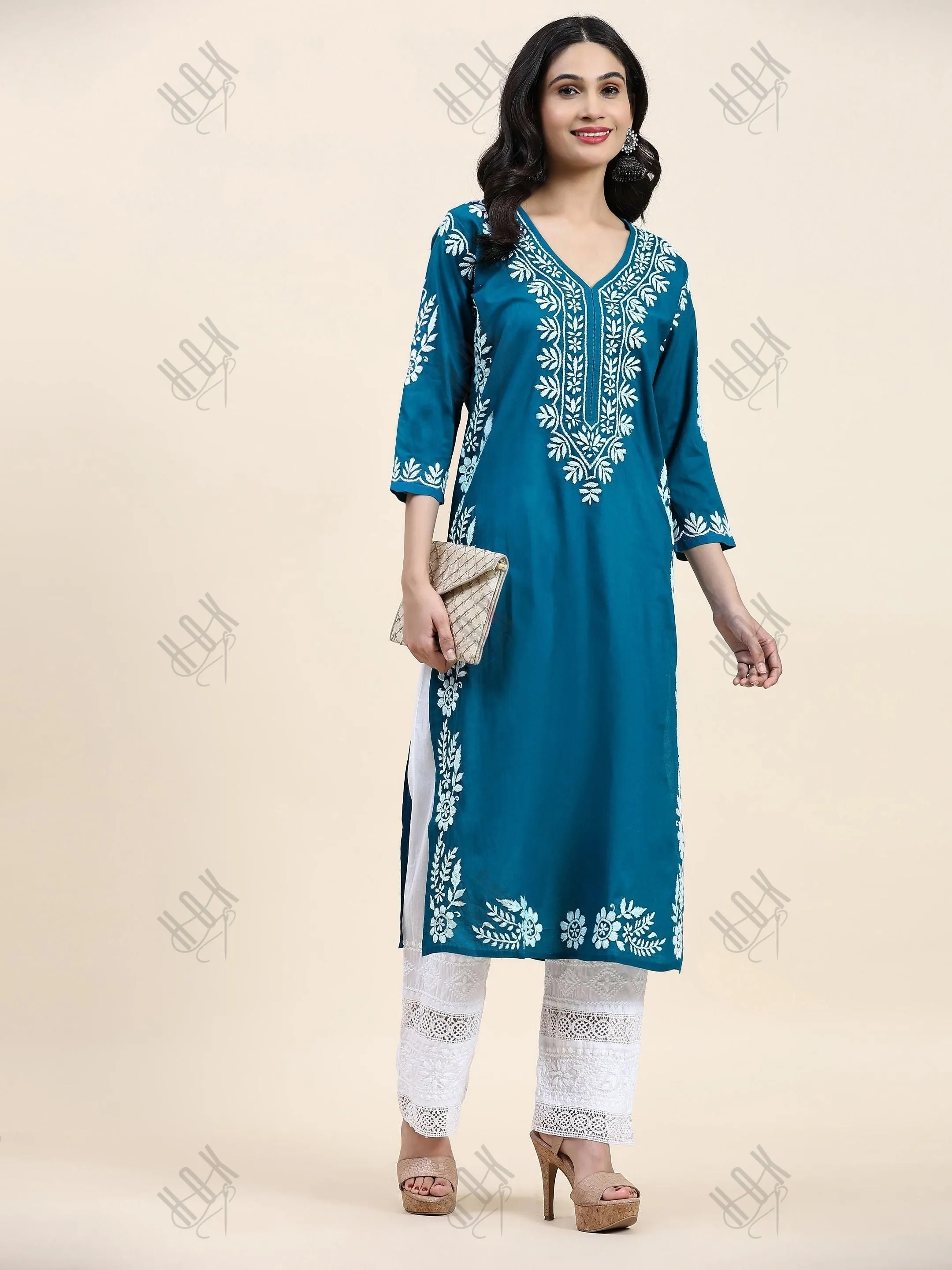 Sukriti in Charming Chikankari Long Cotton Kurta for Women - Turquoise Blue