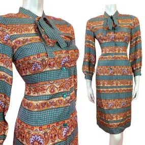 VINTAGE 60s 70s BLUE ORANGE PURPLE PSYCHEDELIC ACANTHUS PUSSYBOW SHIRT DRESS 12